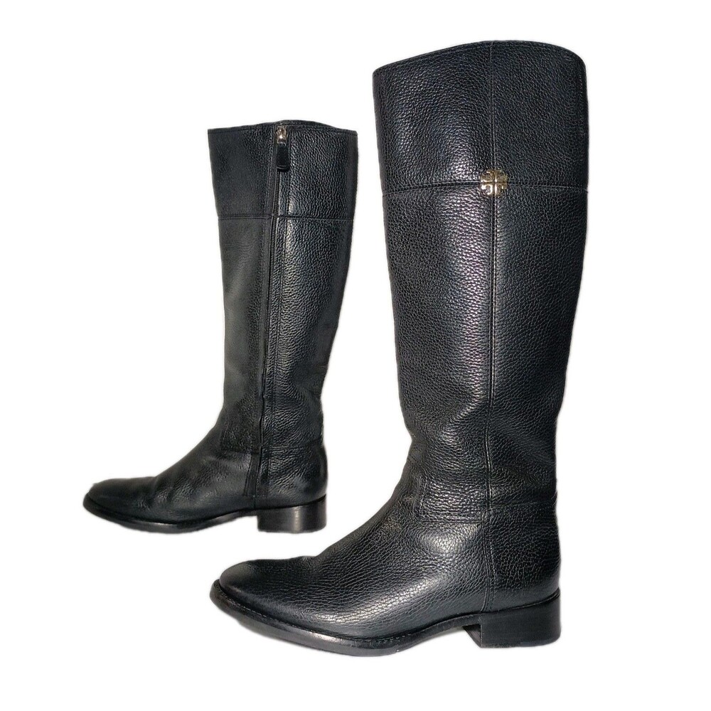 Tory Burch Jolie Riding Boots Shoes Womens Size 8M Black Grain Pebbled Leather